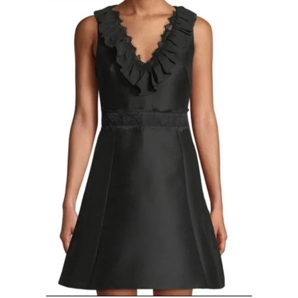 Kate Spade New York Black Ruffle Lace Trim Silk Blend Cocktail Dress‎ Size 0 NWT
